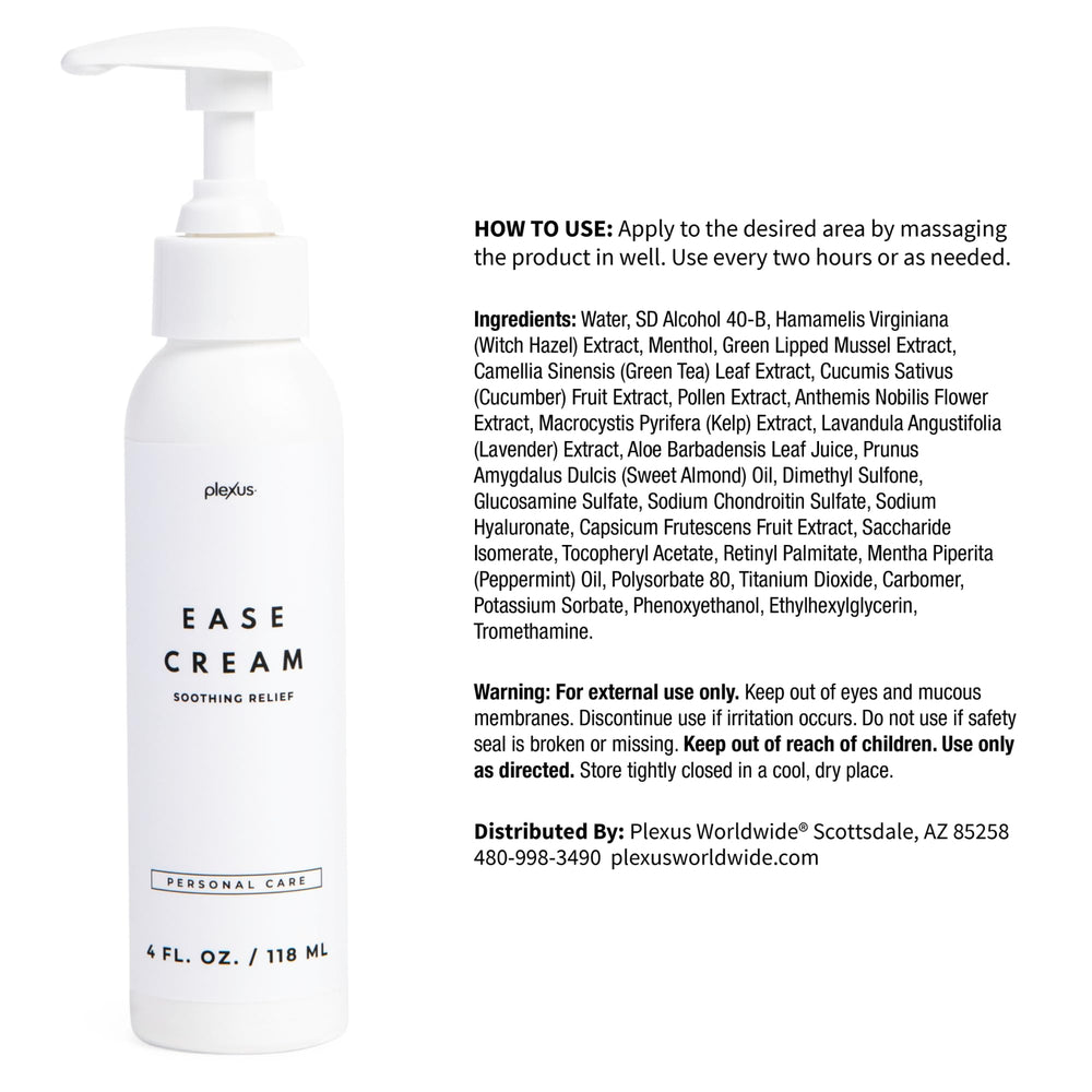 Close-up of Plexus Ease Cream label highlights lightweight, fast-absorbing hydration.