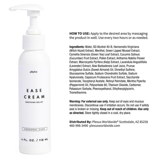 Close-up of Plexus Ease Cream label highlights lightweight, fast-absorbing hydration.