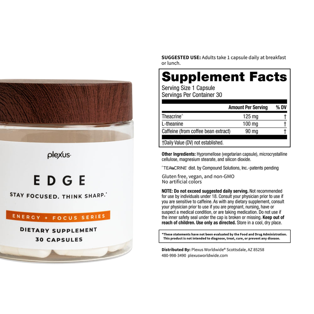 Plexus Edge label back view with dosage and caffeine source for consistent energy