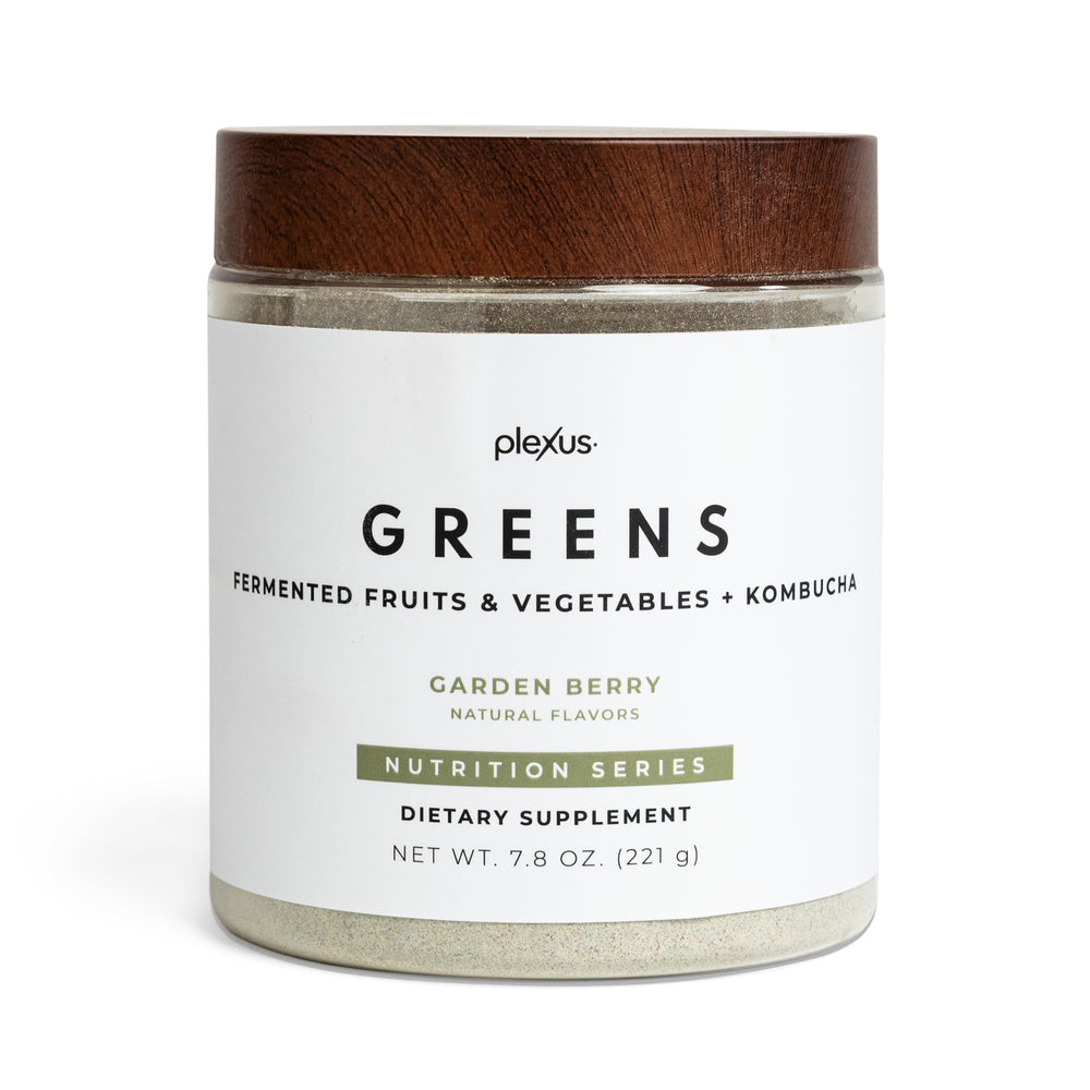 Plexus Greens bottle front highlights a convenient daily greens solution for busy days