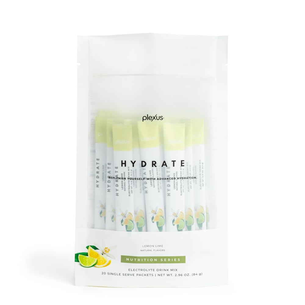 Plexus Hydrate Lemon Lime powder sachet ready to mix for refreshing hydration during workouts.
