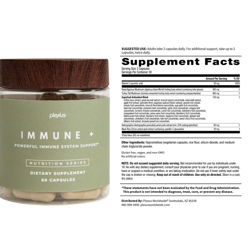 Plexus Immune Plus ingredients blend close-up highlighting mushroom extracts and antioxidants