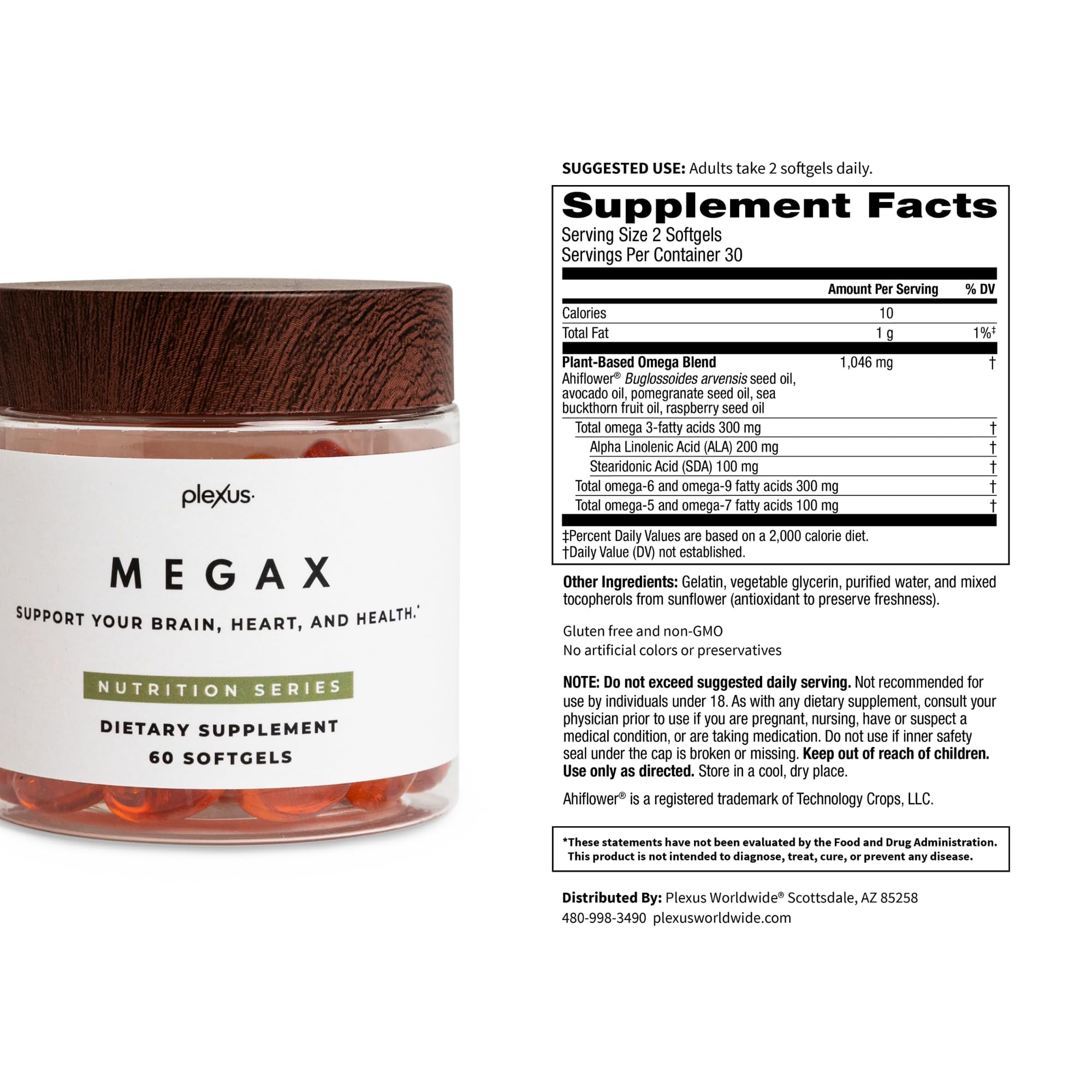 Plexus MegaX gluten-free non-GMO label signaling clean ingredient sourcing.