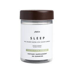 Plexus Sleep gummy berry bottle on a nightstand supports restful nights with melatonin.