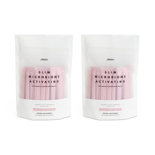 Plexus Slim Microbiome Activating bottle in a 2-pack for easy daily prebiotic support.