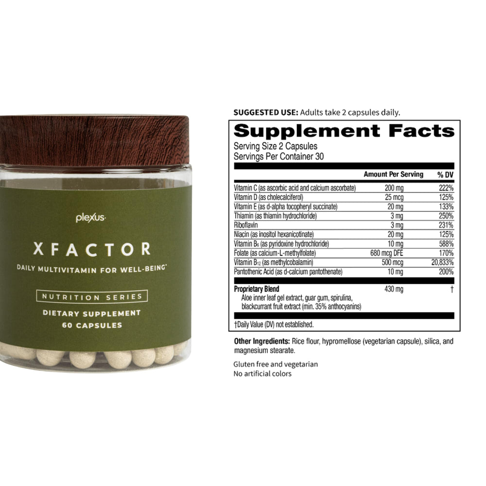 Plexus XFactor ingredient list close-up emphasizing bioactive folate and vitamin D