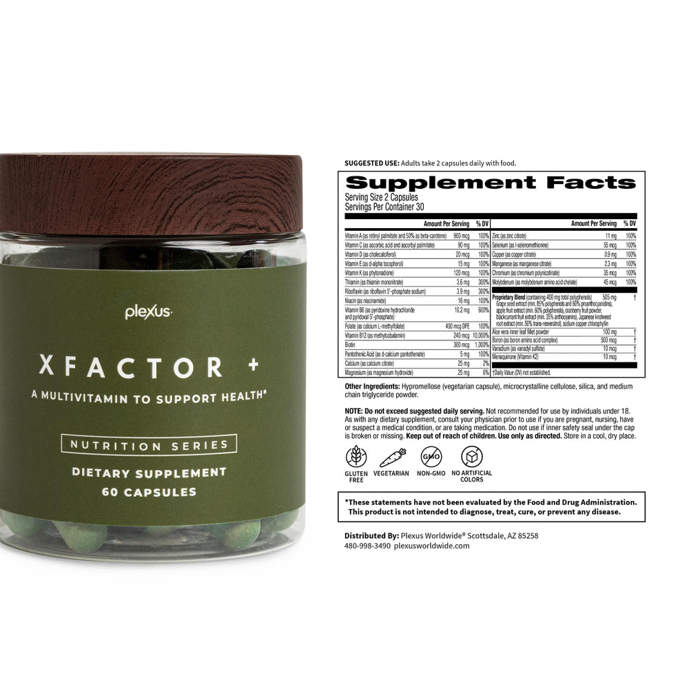 Plexus XFactor+ ingredients list highlighting bioactive nutrients.
