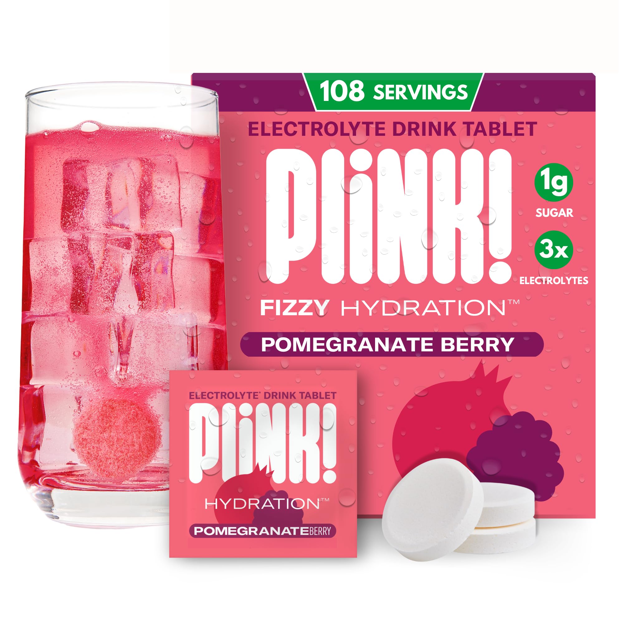 Plink fizzy electrolyte tablet dissolving in water for refreshing hydration