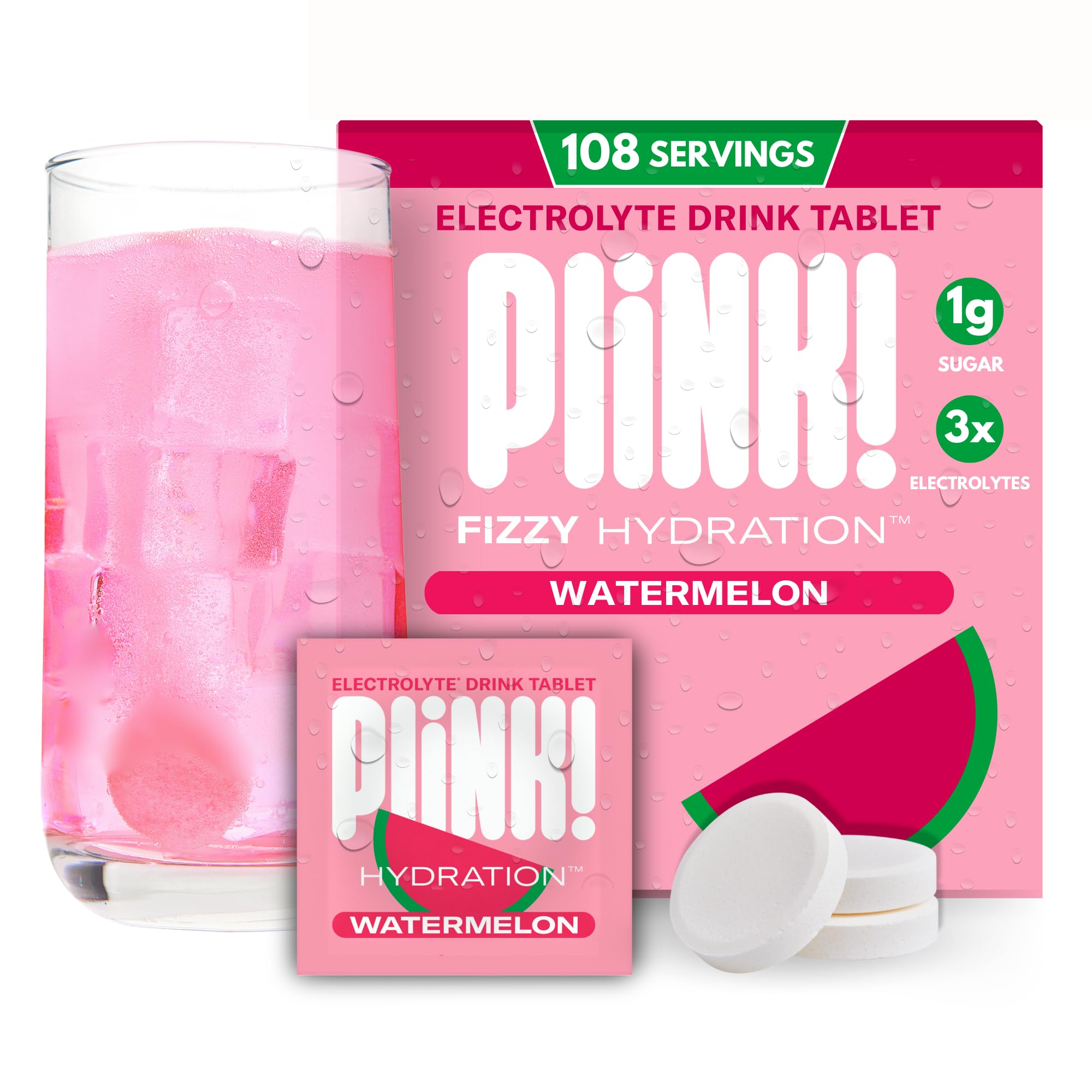 Plink fizzy electrolyte tablets dissolve in watermelon water for refreshing hydration.