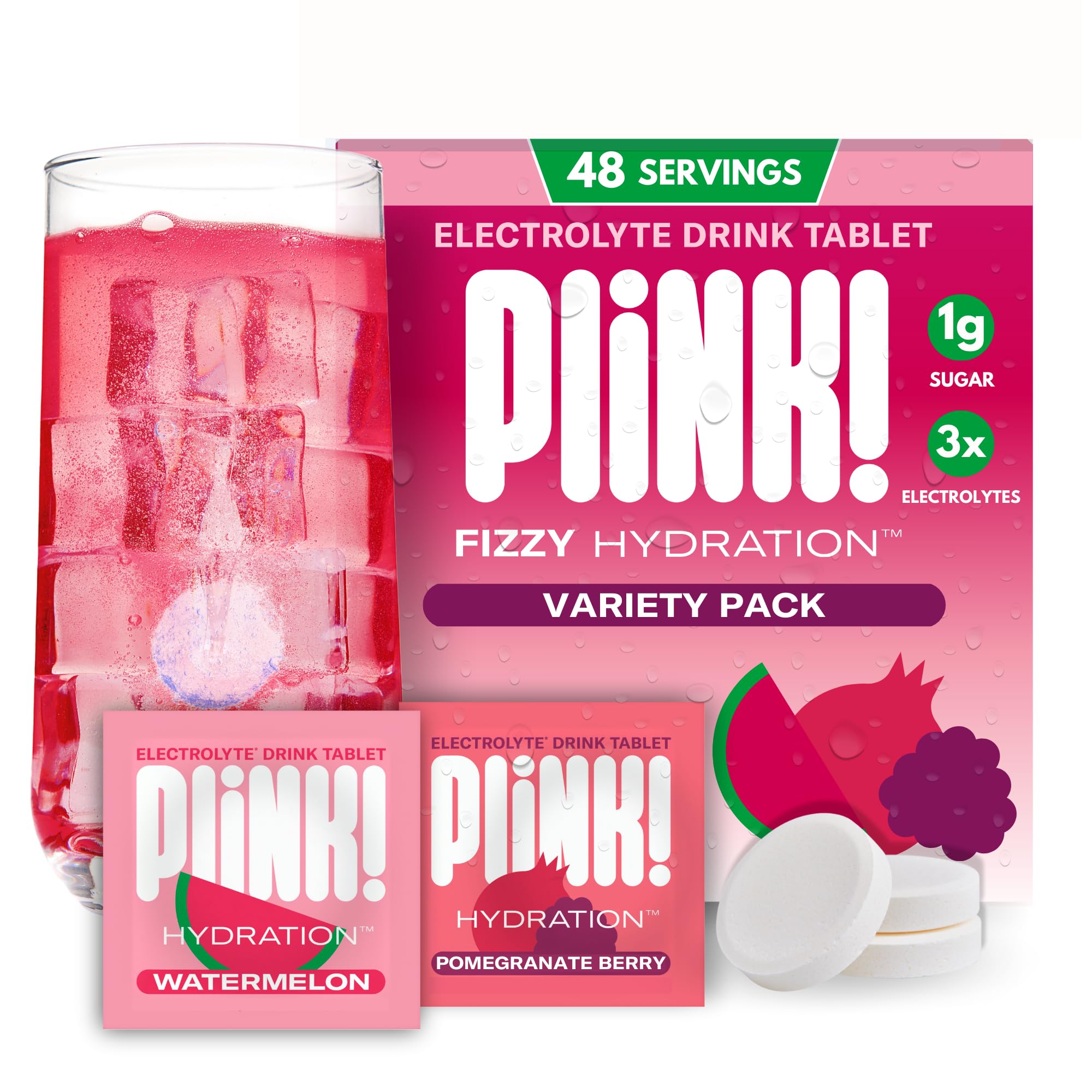Plink fizzy tablet being poured into water for refreshing daily hydration.