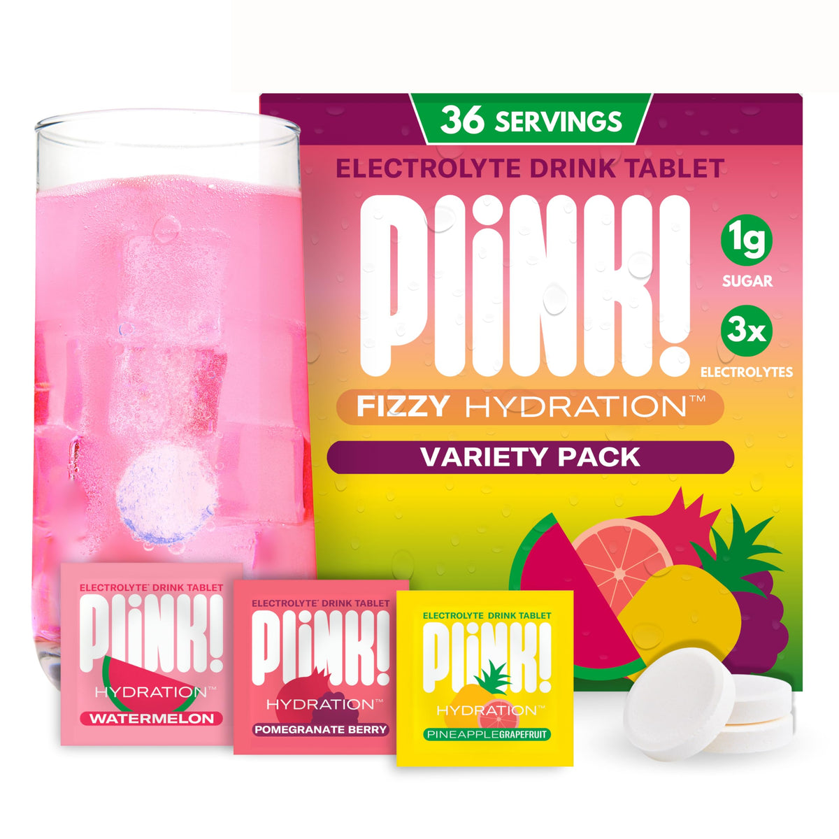 Plink Fruity Variety Pack tablet dissolving in water for refreshing hydration