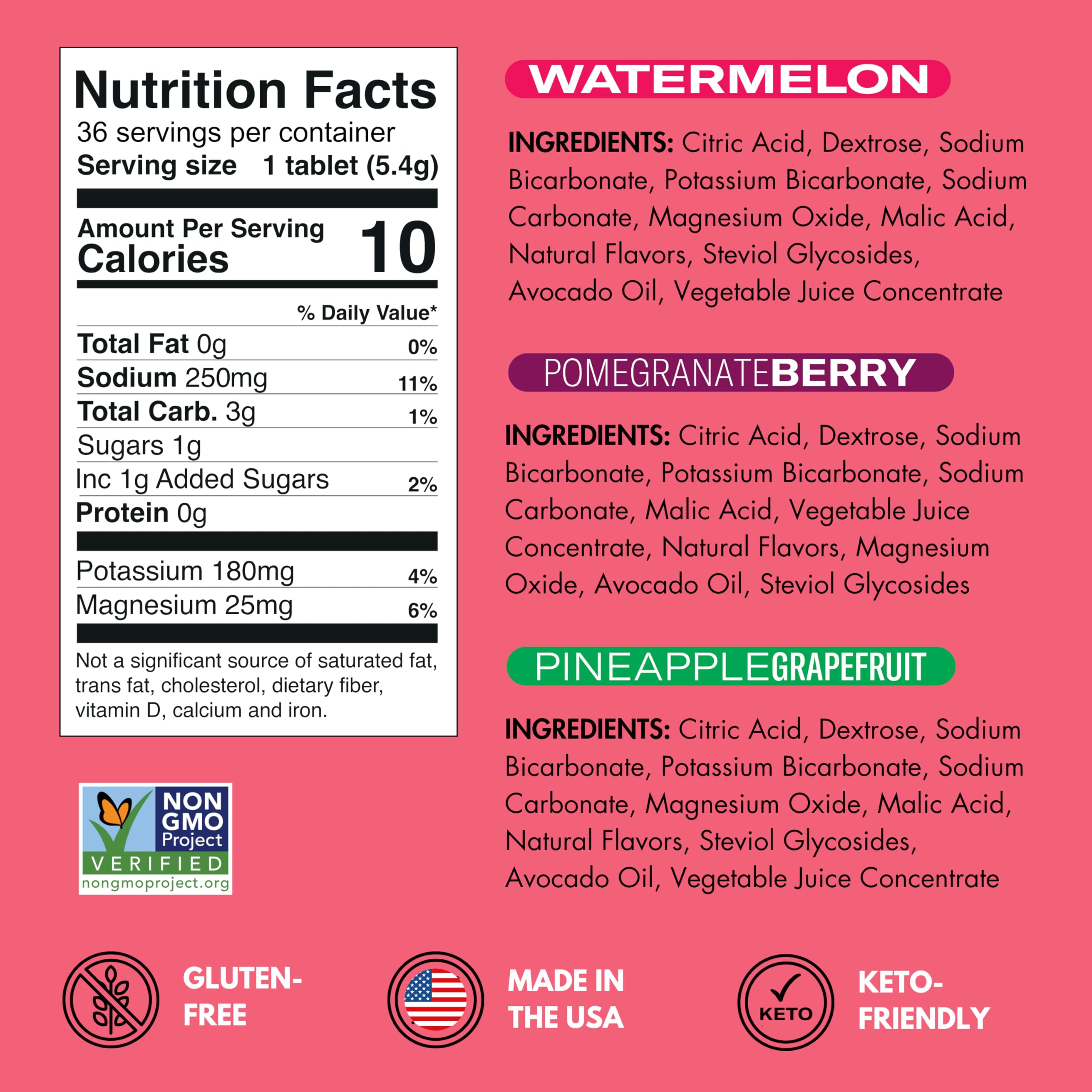 Label close-up of Plink Fruity Variety Pack highlighting clean ingredients