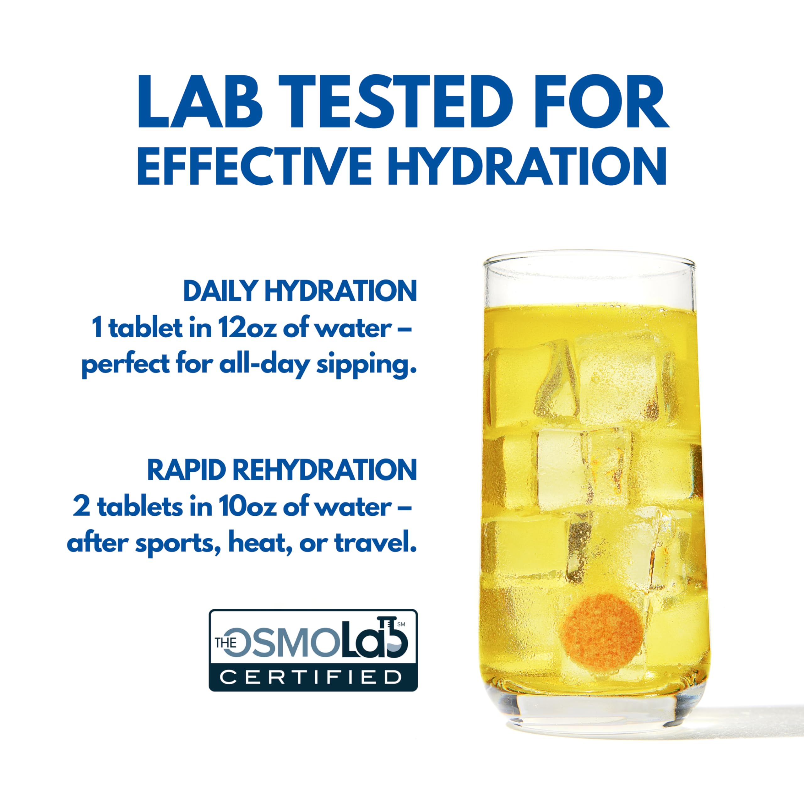 Plink tablet about to fizz in a clear glass of water.