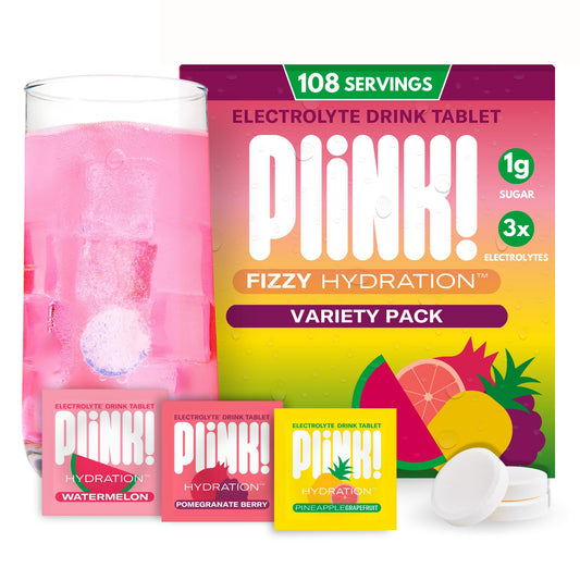 Plink Watermelon tablets dissolving in water for refreshing hydration.