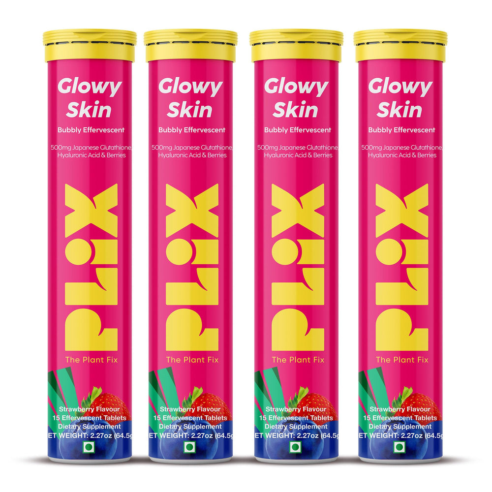 PLIX Glowy Skin bottle front shows 60 effervescent tablets for daily wellness.