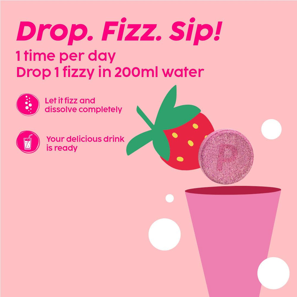 PLIX Glowy Skin strawberry-flavored effervescence in water.