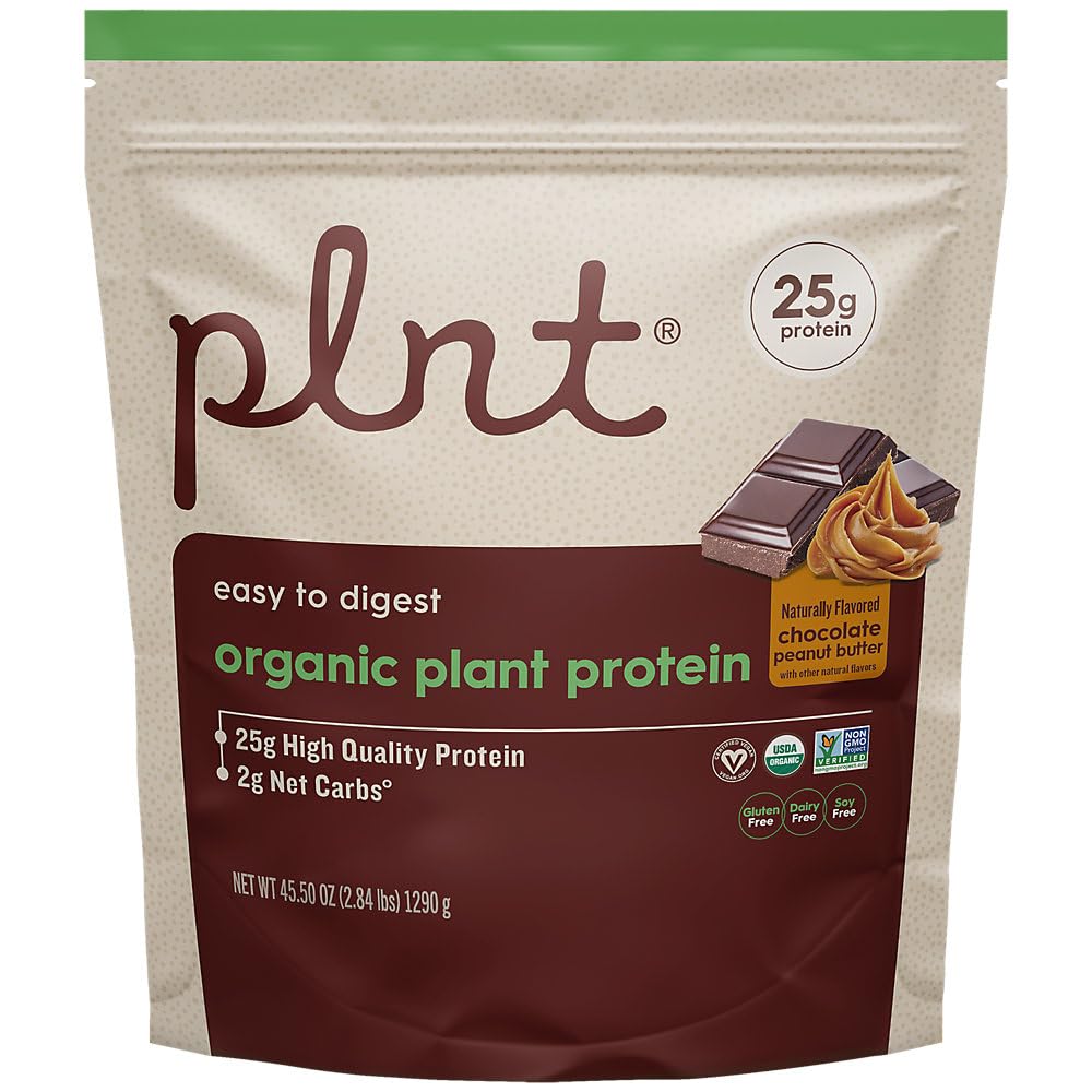 plnt organic plant protein powder in chocolate peanut butter tub for vegan nutrition