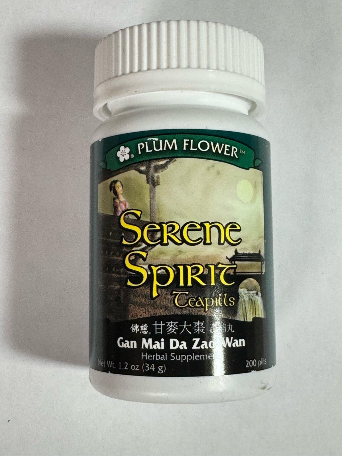 Plum Flower Serene Spirit Teapills bottle ready for daily use