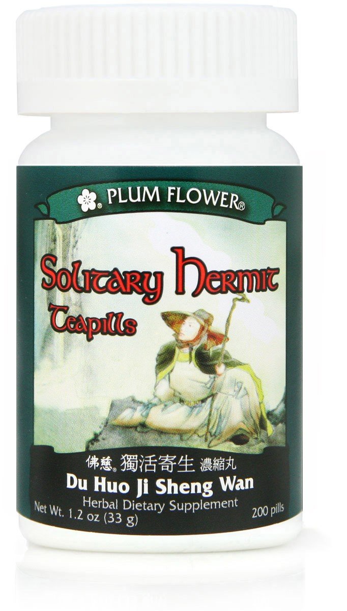 Plum Flower Solitary Hermit Teapills bottle label close-up for quick product recognition.