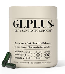Plus+Ultra GLP-1 Synbiotic bottle promoting balanced digestion for daily use.