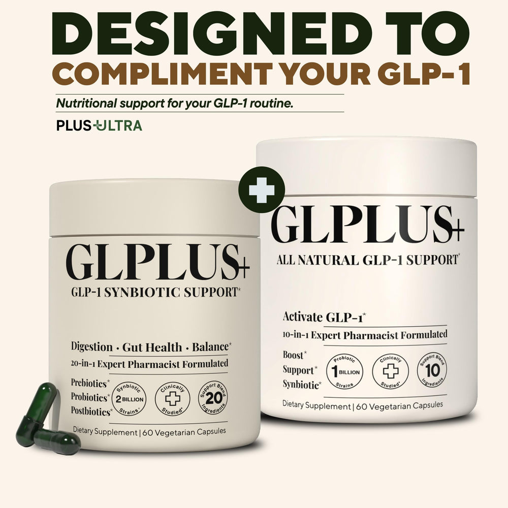 Plus+Ultra GLP-1 Synbiotic label closeup highlighting nutrient blend for balanced nutrition.