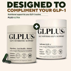 Plus+Ultra GLP-1 Synbiotic label closeup highlighting nutrient blend for balanced nutrition.