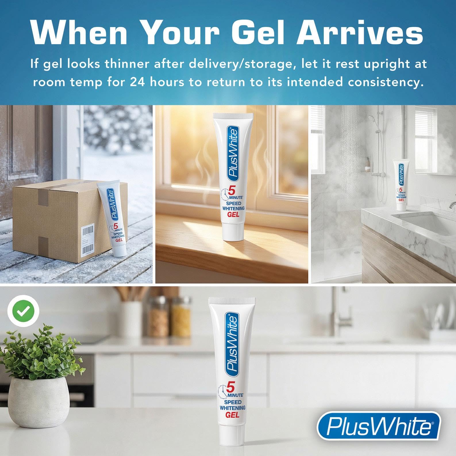 Plus White Speed Whitening Gel on toothbrush demonstrates easy, mess-free use.