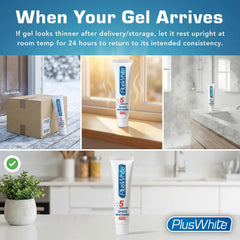 Plus White Speed Whitening Gel on toothbrush demonstrates easy, mess-free use.
