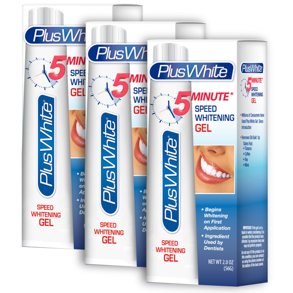 Plus White Speed Whitening Gel pack3 box illustrates quick at-home whitening potential.