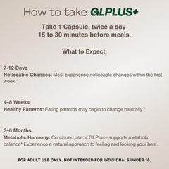 PlusPlus Ultra GLP1 dosing guide showcasing simple 1 capsule twice daily before meals.