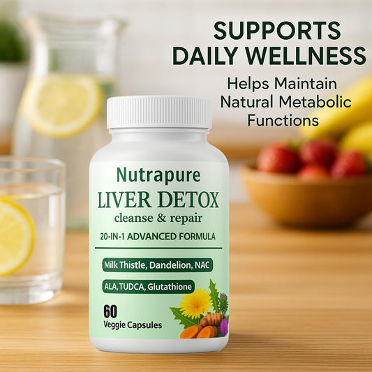 Nutrapure Liver bottle back with ingredients list including milk thistle and turmeric.