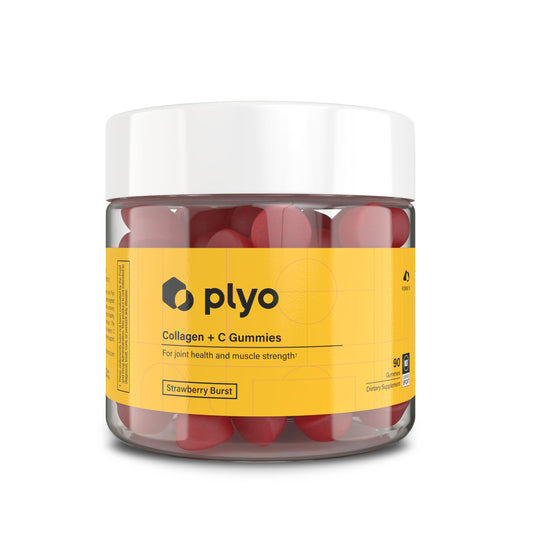 Plyo Collagen + C gummies packaging front with gluten-free and NSF Sport certification.