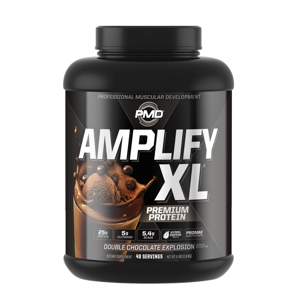PMD Amplify XL front label view highlighting whey protein and greens blend for muscle support