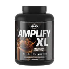 PMD Amplify XL front label view highlighting whey protein and greens blend for muscle support