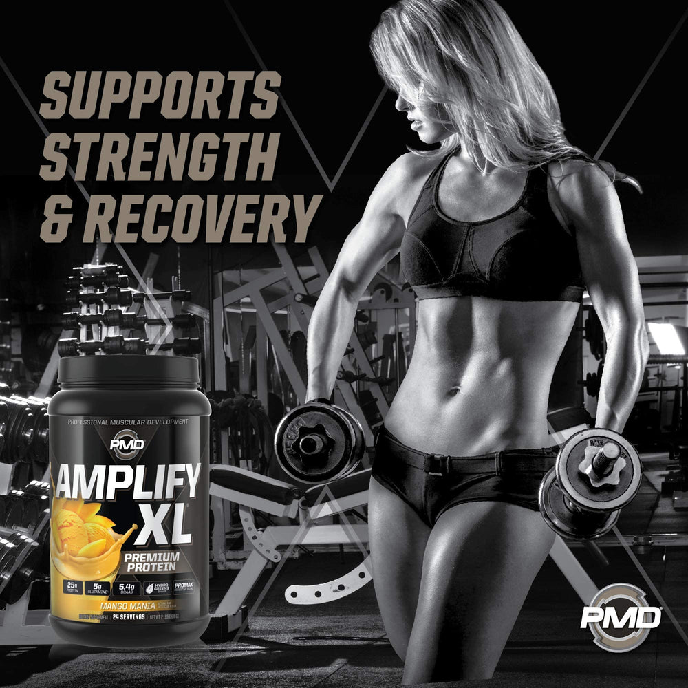 Close-up of PMD Amplify XL ingredients highlighting high-grade protein and BCAAs.