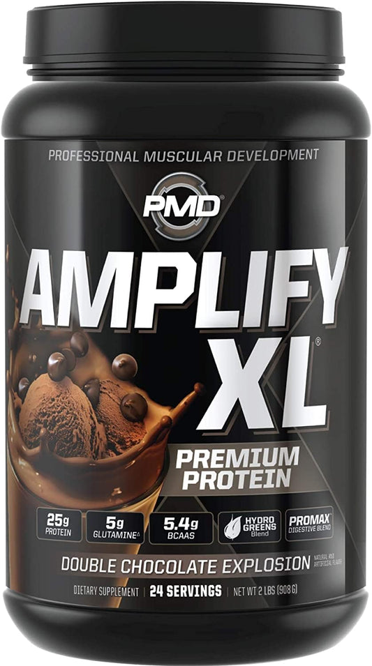 PMD Amplify XL tub front, premium protein powder for muscle support.