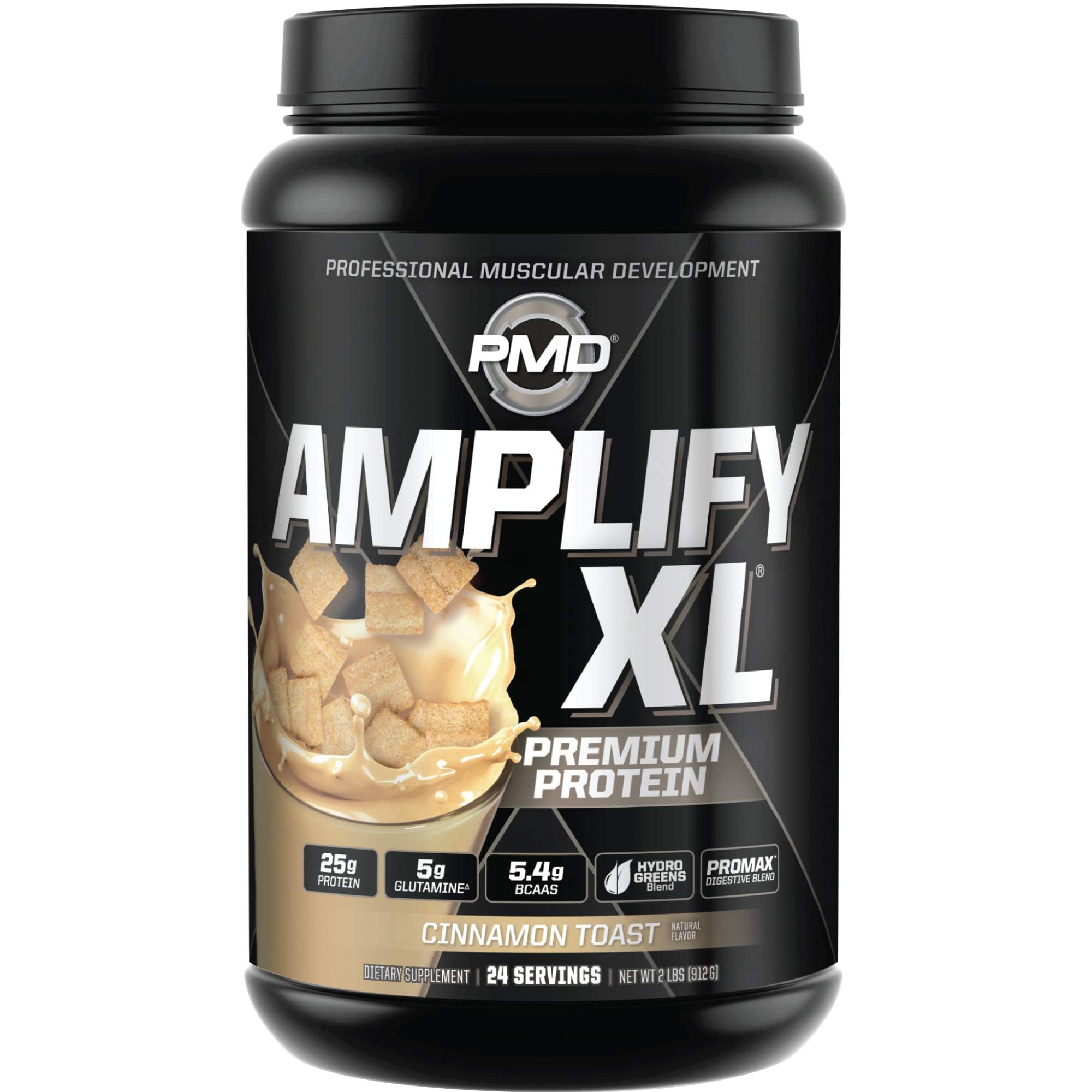 PMD Amplify XL Cinnamon Toast tub front, premium whey protein option for post-workout recovery