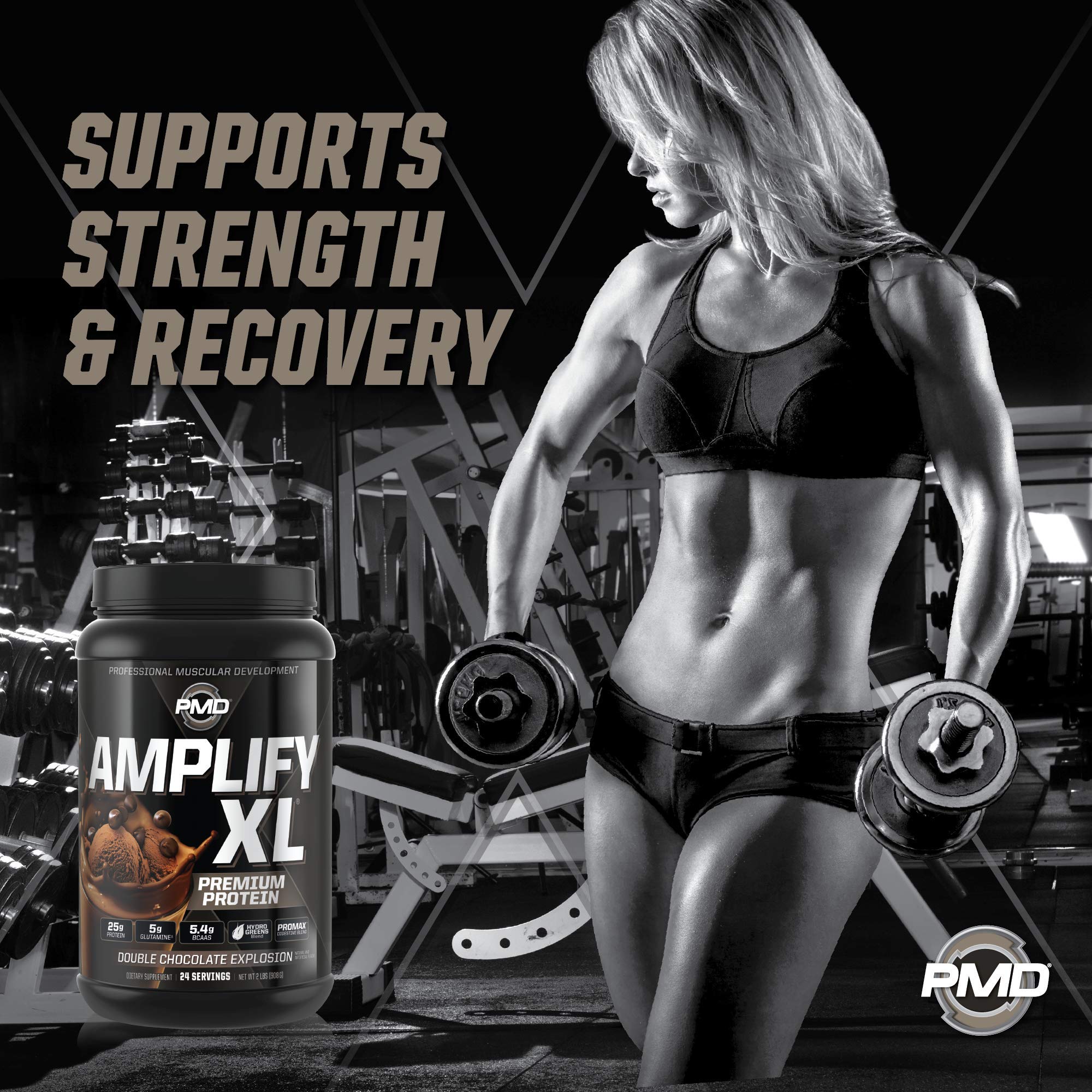 PMD Amplify XL whey isolate label, lean muscle support.