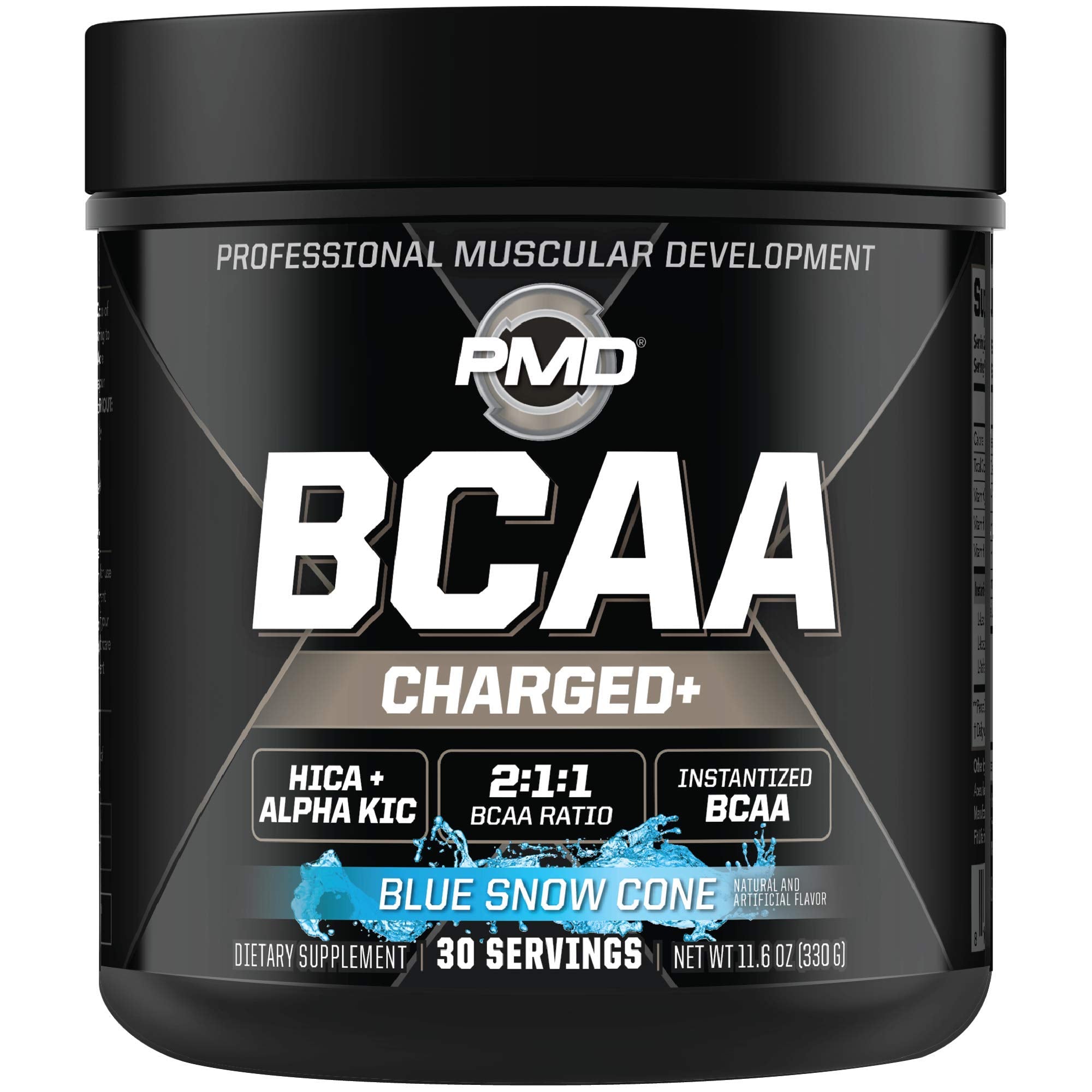 PMD BCAA Charged blue snow cone tub offers energizing support for workouts.