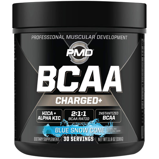 PMD BCAA Charged blue snow cone tub offers energizing support for workouts.