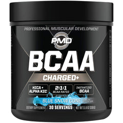 PMD BCAA Charged blue snow cone tub offers energizing support for workouts.
