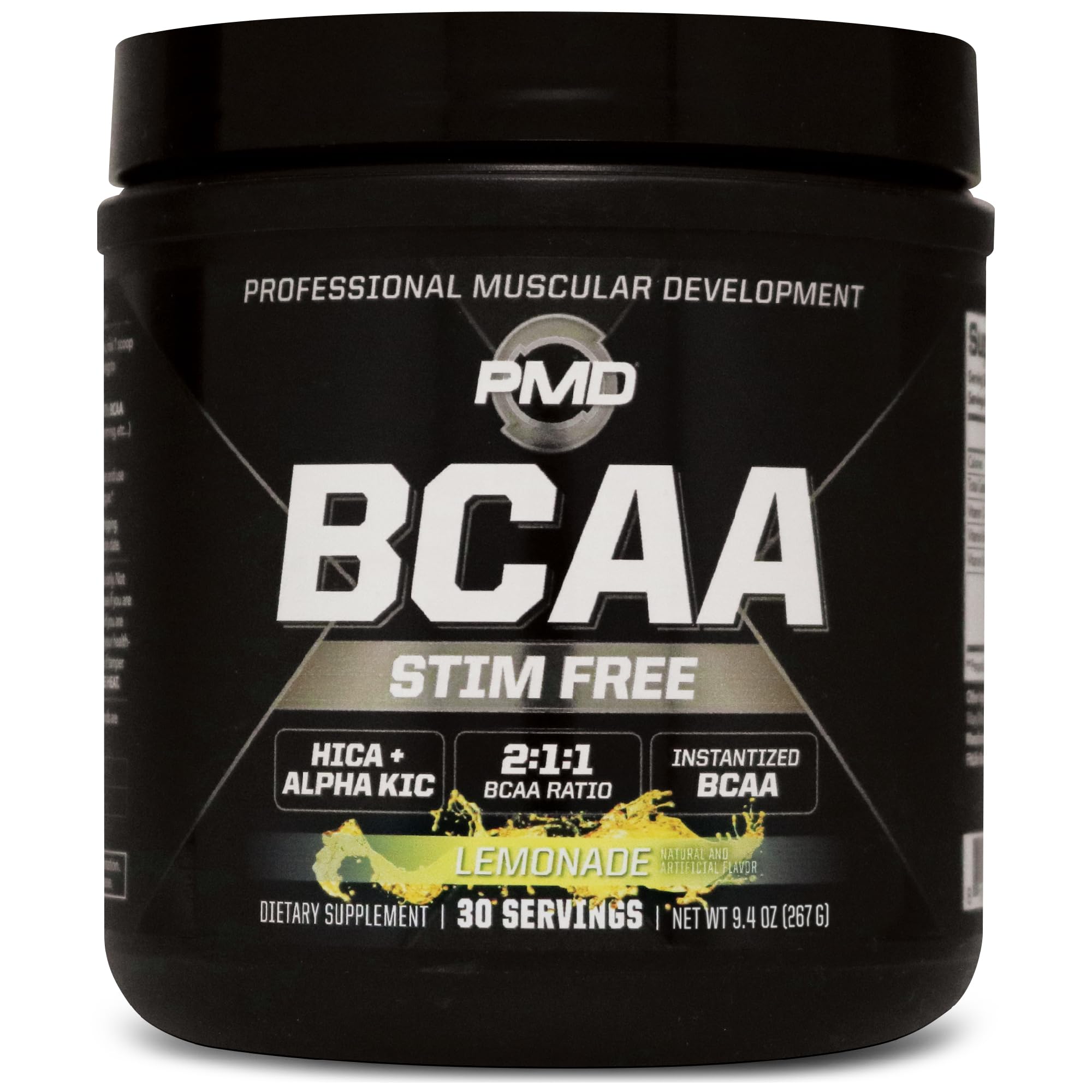 PMD BCAA Lemonade tub close-up showing powder for muscle support