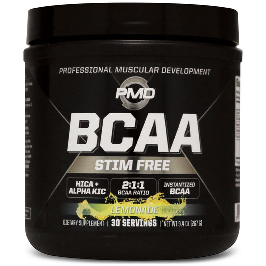 PMD BCAA Lemonade tub close-up showing powder for muscle support