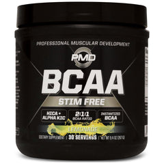 PMD BCAA Lemonade tub close-up showing powder for muscle support