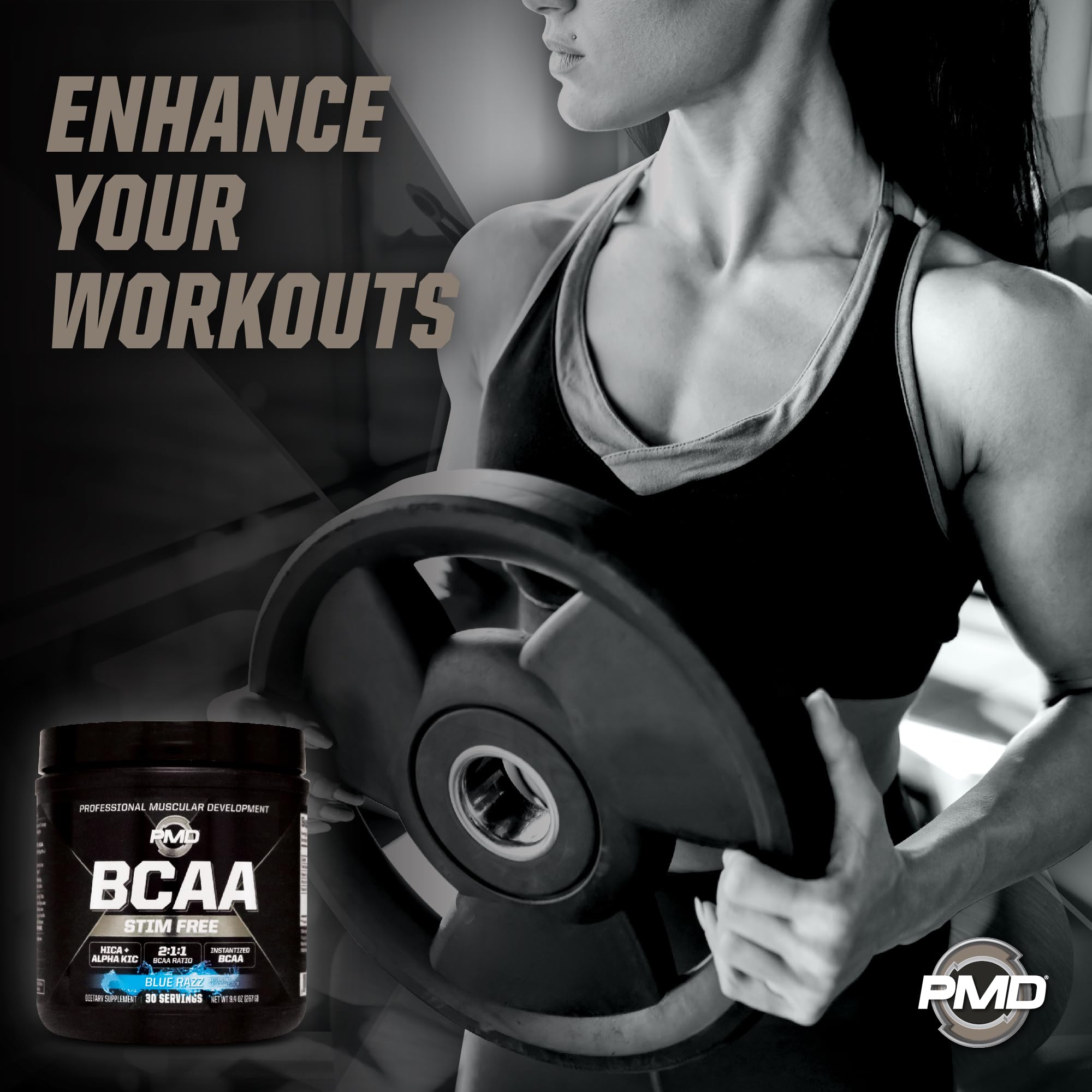 PMD BCAA stacked with pre-workout in a gym setting for enhanced performance.