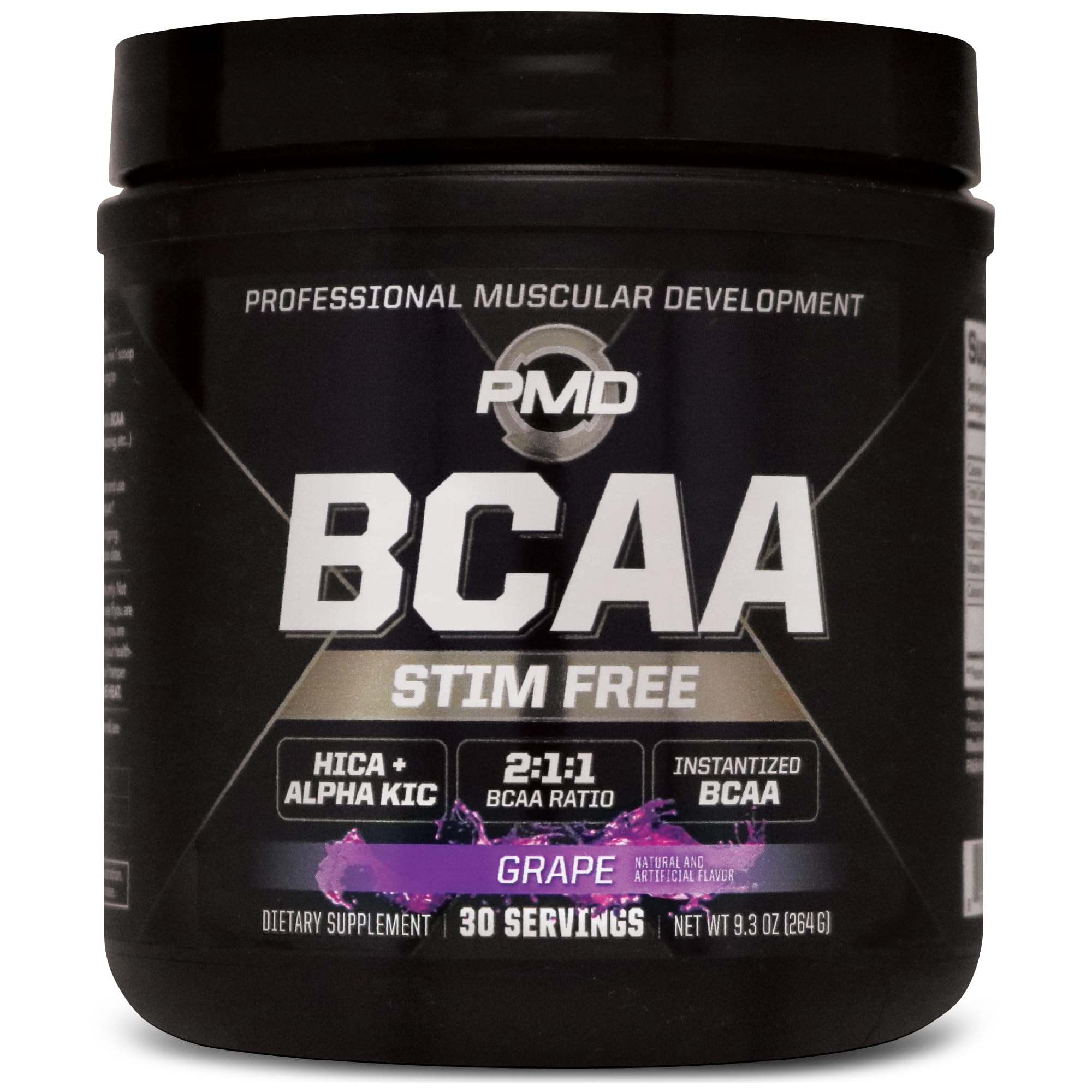 PMD BCAA Stim-Free grape bottle showing convenient daily use for lean muscle support.