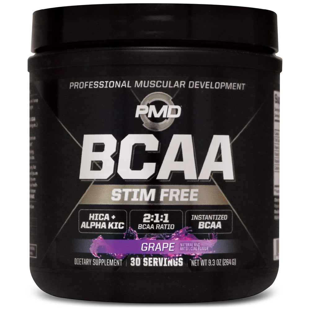 PMD BCAA Stim-Free grape bottle showing convenient daily use for lean muscle support.