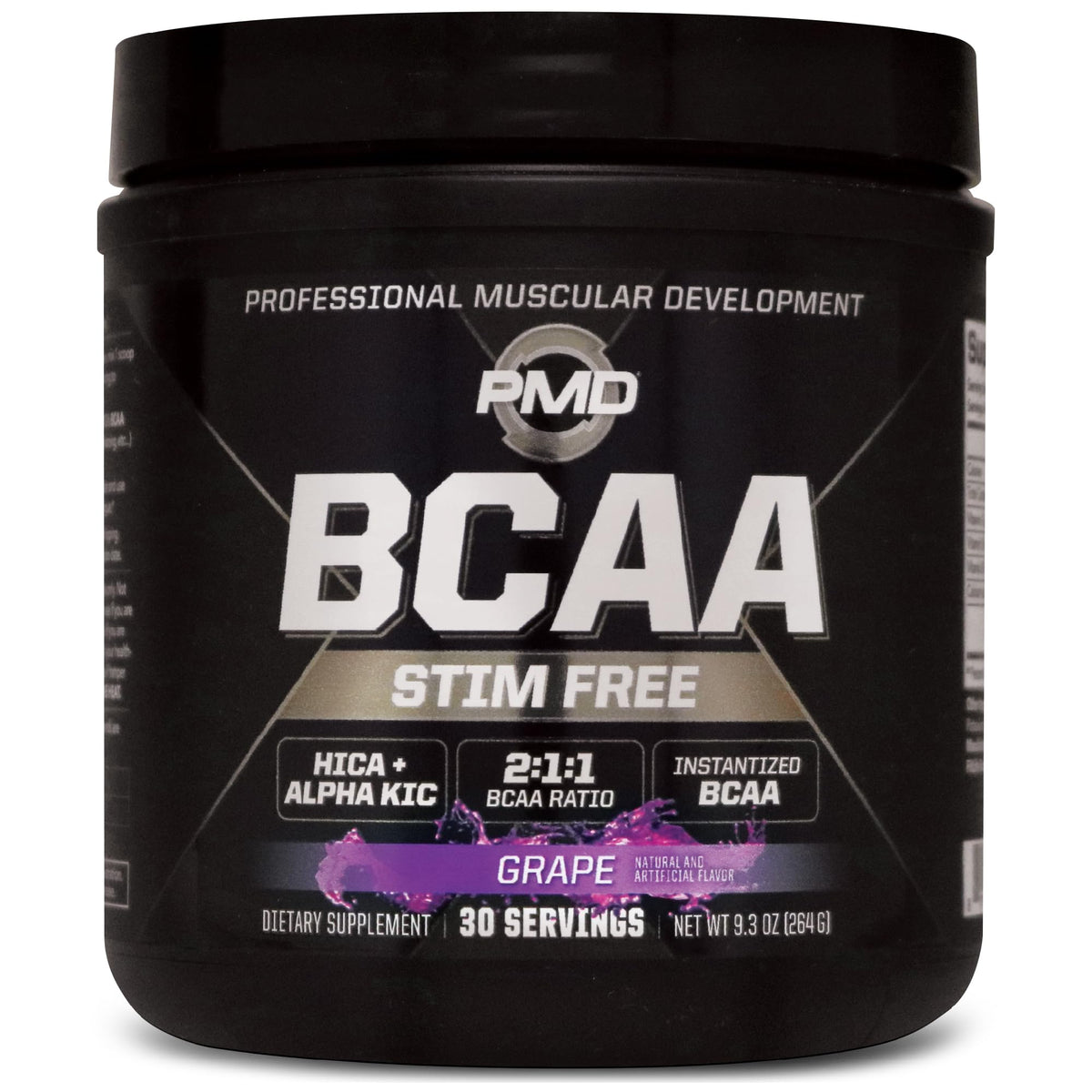 PMD BCAA Stim-Free grape bottle showing convenient daily use for lean muscle support.