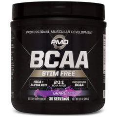 PMD BCAA Stim-Free grape bottle showing convenient daily use for lean muscle support.