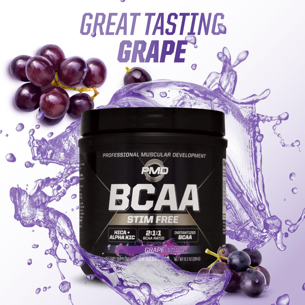 PMD BCAA Stim-Free grape with gym gear suggests daily training support.